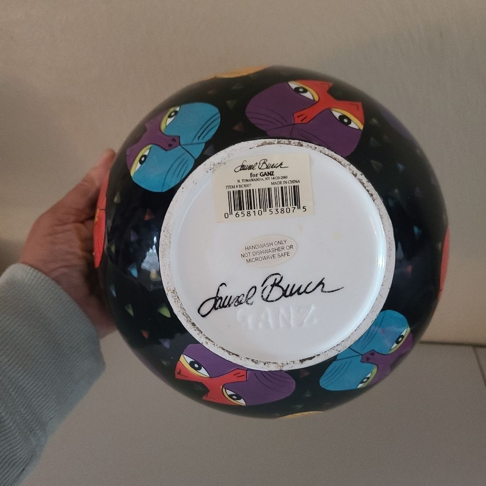vintage 1998 laurel burch ganz pedastal bowl colorful cat design - Picture 6 of 6